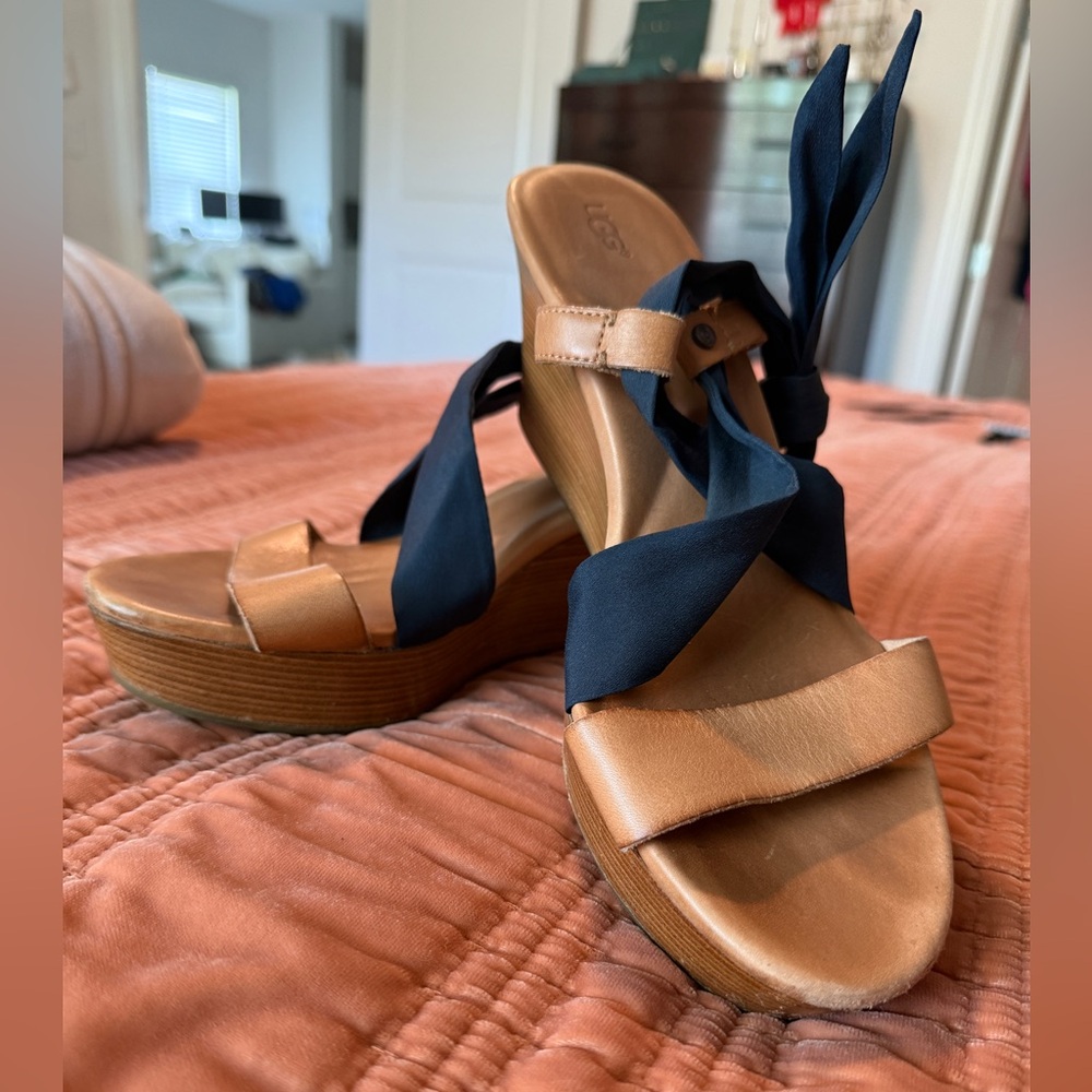 UGG Tan and Navy Wedge Sandals